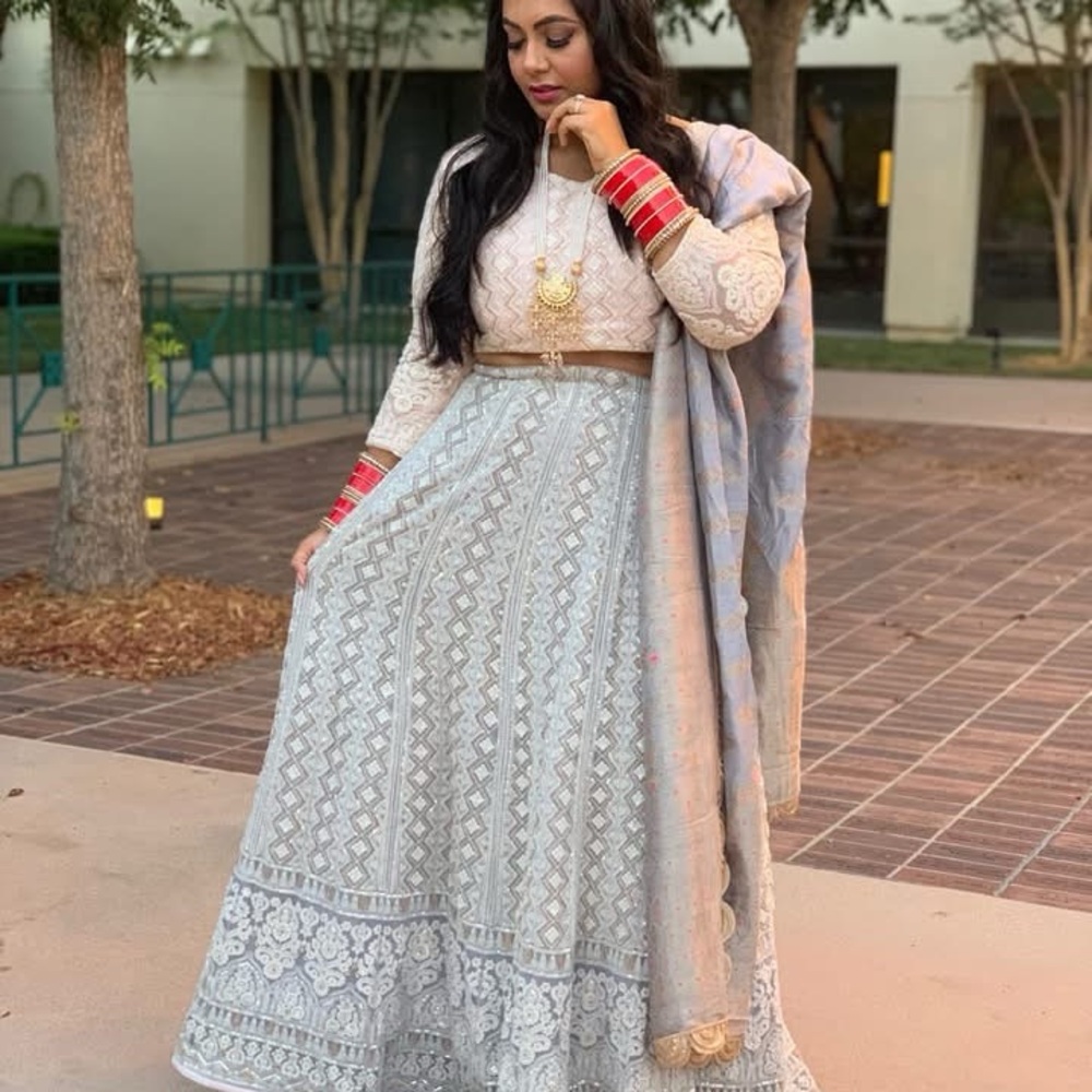 Indian Lehenga Choli Set Silver Grey Ivory Embroidered 3 Piece Wedding Sangeet